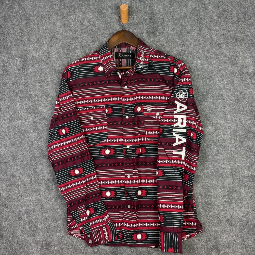 Ariat Western Shirt Mens Large Red Southwestern Pearl Snap Logo Long Sleeve 0020